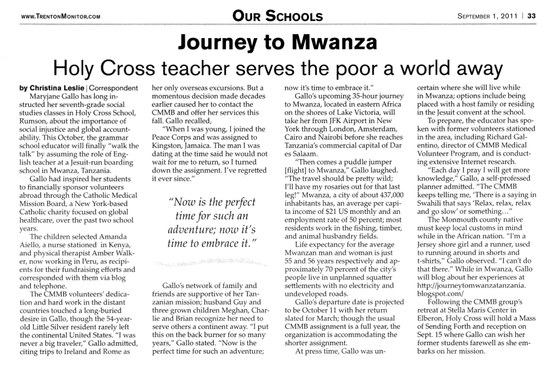 Journey to Mwanza – Holy Cross Teacher Serves the Poor a World Away